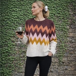 NWT MADEWELL Chevron Stripe Dellwood Fair Isle Wool Blend Crewneck Sweater, S